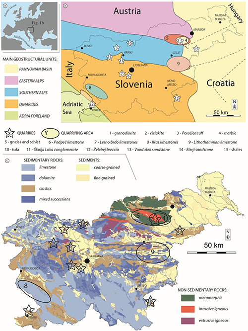 Mapa geológico que muestra las principales unidades estructurales, áreas de canteras y tipos de rocas sedimentarias y no sedimentarias en la región que abarca partes de Austria, Eslovenia, Croacia e Italia, con leyendas de colores y símbolos para identificar diferentes formaciones y materiales.

Descripción generada con IA