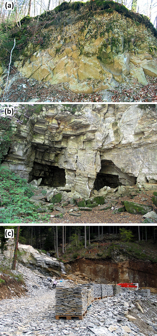 Tres escenas que muestran formaciones rocosas naturales y una cantera con pilas de piedras y maquinaria en un entorno boscoso.

Descripción generada con IA