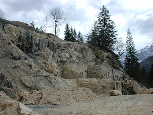 Excavación en una ladera rocosa con maquinaria pesada y árboles al fondo bajo un cielo nublado.

Descripción generada con IA