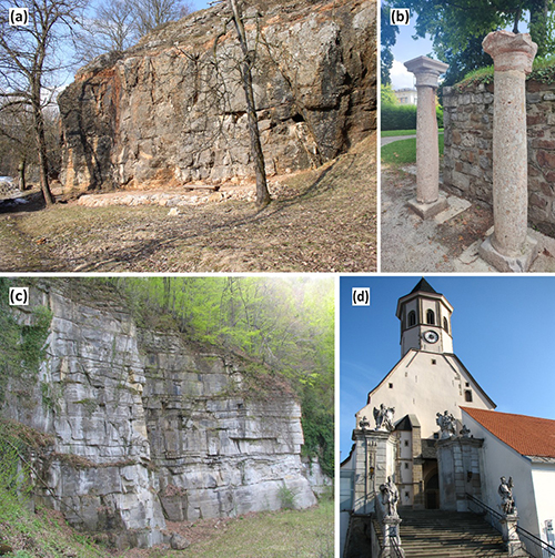 Formaciones rocosas naturales y dos columnas antiguas junto a una iglesia con reloj y esculturas en la entrada bajo un cielo despejado.

Descripción generada con IA
