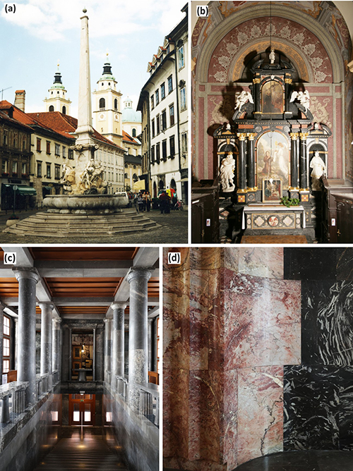 Una plaza con una fuente central y edificios históricos alrededor en la primera imagen, un altar decorado con esculturas y pinturas en la segunda, un pasillo interior con columnas de mármol y reflejos en el suelo en la tercera, y un detalle de paredes de mármol en tonos rosados y negros en la cuarta.

Descripción generada con IA