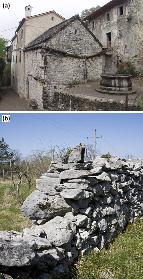 Una calle estrecha con casas de piedra antiguas y un pozo circular en primer plano en la parte superior y un muro de piedra irregular en un campo con césped y árboles al fondo en la parte inferior.

Descripción generada con IA