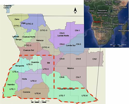 Área del Proyecto UTE-PLANAGEO delineada en rojo, con una extensión de 480.000 km2 repartidos en 8 bloques: UTE-1 a UTE-8. El total de la superficie de Angola es 1.320.000 km2.