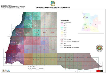 Cartograma del proyecto UTE-PLANAGEO con los 8 bloques UTE y cartografías a escalas 1:200.000 y 1:100.000.