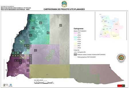 Cartograma del proyecto UTE-PLANAGEO con los 8 bloques UTE y cartografía a escala 1:50.000.