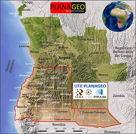 Localización de Angola en el África Austral (polígono rojo en recuadro) y formas de relieve del país. El área limitada con línea roja muestra el bloque de trabajo asignado al consorcio UTE PLANAGEO. Se indica también la división de bloques de trabajo a escala 1:500 000 (líneas amarillas) y la división de cartas a escala 1: 250 000 (líneas blancas punteadas). Se muestra la localización de las provincias del país (texto en negro con línea blanca) y la localización de las principales localidades o lugares emblemáticos citados en el texto (texto blanco en cursiva y texto negro en cursiva, respectivamente).