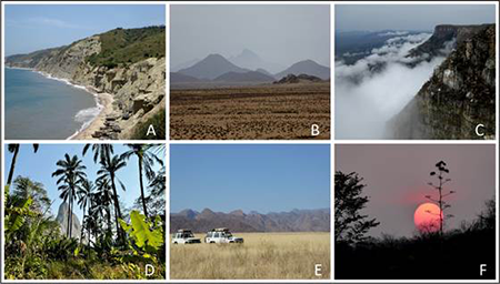 Diversidad de ambientes geológicos, climas y orografías: A) Estratos del Albiense en la costa norte de Lobito. B) Relieves residuales de domos o inselbergs en la Superficie Intermedia. C) Gran Escarpe en la Sierra de Chela. D) Selva tropical en Ucu Seles. E) Vehículos 4x4 de la UTE atravesando la sabana y montañas desérticas de la provincia de Namibe. F) Atardecer en Chiange-Tomba.
