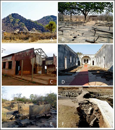 Estado de las infraestructuras: A) Pequeño poblado (kimbo) en la región de Bibala (provincia de Namibe). B) Espacio utilizado como escuela en la región de Dinde-Lola (Quilengues). C) Ruinas de una escuela colonial en Botera (Cuanza Sul). D) Ruinas de una iglesia colonial en Chila (Benguela). E) De algunos puentes solamente quedaban los pilares. Región de Lola (Quilengues). F) El deterioro de los puentes y caminos obligaba a pasar los cauces de ríos vadeando.