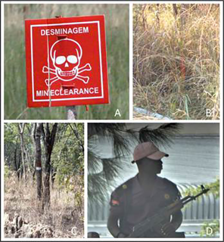 La herencia de la guerra civil sigue presente: A) Cartel de advertencia de presencia de minas explosivas. B) Estaca de madera (casi invisible) pintada delimitando el desminado. C) Marca de área desminada en un árbol. D) Guardia de seguridad en la puerta de una gasolinera.