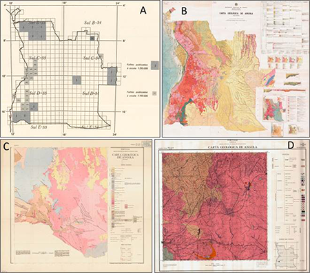 Estado de la cartografía geológica al inicio del Proyecto: A) Índice de Hojas previamente publicadas a escala 1:250 000 y 1:100 000. B) Carta Geológica de Angola a escala 1: 1 000 000 (Araújo et al., 1988). C) Carta Geológica de Oncócua (SUL E-33/B-C-H-I) a escala 1: 250 000 (Robertson et al., 1961). D) Carta Geológica de Sá da Bandeira (336) a escala 1: 100 000 (Vale et al., 1972).