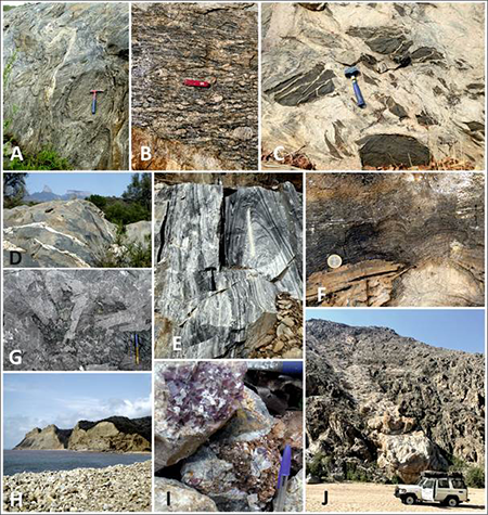 Fotografías de afloramientos singulares: A) Granitos migmatizados paleoproterozoicos en el basamento de la región litoral de Benguela. UTE IGME/LNEG/IIA (2021b-g). B) Gneis ocelares paleoproterozoicos próximos a Ruacaná, en el río Cunene (frontera con Namibia), Hoja de Cahama. C) Leucogranito con abundantes fragmentos de metasedimentos restíticos, Carta Geológica de Chibia. D) Afloramiento de granodiorita paleoproterozoica migmatizada. Se observa al fondo el relieve del Planalto de Humpata y cerros testigo de la Sierra de Chela. (Grupo Namibe) Hoja de Namibe. E) Pliegues apretados en mármoles paleoproterozoicos. Hoja de Munhino. F) Carbonatos estromatolíticos paleoproterozoicos de la Formación Leba en la Sierra de Chela. Hoja de Chibia. G) Anortositas mesoproterozoicas con cristales de elevado tamaño (> 10 cm) de plagioclasa y piroxenos. Hoja de Oncócua. H) Playa de “Egito”, mostrando los elevados acantilados de las secuencias sedimentarias del Albiense. Hoja de Benguela. I) Mineralización de fluorita asociada a carbonatitas cretácicas. Hoja de Lubango. J) Gran dique de pegmatita del campo pegmatítico de Giraúl, con numerosas mineralizaciones de Li en forma de espodumena y lepidolita. Hoja de Namibe.