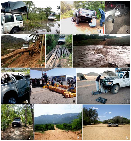 Breve reflejo de algunas de las dificultades acontecidas en el transcurso de los trabajos: A) Inmovilizados en la llanura anegada de Ondjiva. B) Las lluvias torrenciales cubrían los caminos y enmascaraban los baches. C) Algunos caminos estaban muy deteriorados por las lluvias que, junto con la maleza alta, eran auténticas trampas para coches. D) Las lluvias también provocaban deslizamientos y caída de árboles en los caminos. E) En las zonas planálticas, era necesario cruzar continuamente puentes de troncos (algunos no resistían tras el paso de los vehículos). F) Las lluvias inundaban los ríos casi de manera instantánea, cortando el camino y obligando a hacer noche en el campo. G) Vehículo siniestrado tras crecida súbita de un río. H) Larga fila de espera de vehículos y personas a pie con bidones para repostar por el desabastecimiento regional de gasoil. I) El mantenimiento improvisado de los vehículos era una actividad casi diaria por su uso continuo y extremo. J) Camino estrecho de moto empleado para los trabajos cartográficos en vehículo 4x4. K) Amplio camino de tierra deteriorado hasta el pie de las montañas de la Sierra de Chela. L) En numerosas ocasiones era obligado el cruce por extensos lechos de ríos arenosos.