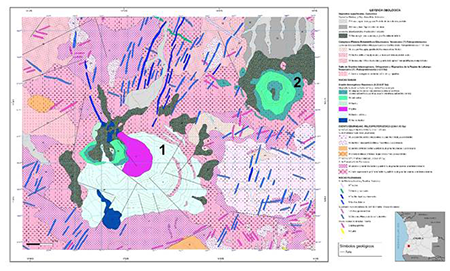 Mapa geológico extraido del mapa Geológico de Lola (nº 316) a escala 1:100.000 (Merino-Martínez, 2022). Se numeran los complejos alcalino-carbonatíticos objeto de este estudio: 1- Tchivira, 2- Bonga, con litologías asociadas al magmatismo alcalino-carbonatítico y kimberlítico de Angola (15- Gabros alcalinos, 16- Sienitas nefelínicas, 17- Ijolitas, 18- Sienitas, 19- Carbonatitas y 20- Complejos volcánicos a sub-volcánicos alcalino-carbonatíticos, brechas carbonatíticas y alcalinas, coladas kimberlíticas, carbonatitas y fenitas).