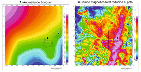 A) Anomalía de Bouguer del área correspondiente al mapa de Lola (Merino-Martínez, 2022) con los máximos gravimétricos al NW y los mínimos gravimétricos en el SE, B) Campo magnético reducido al polo del mapa de Lola con los máximos magnéticos situados al este según una banda de dirección NE-SW. Se marca la situación de los macizos 1- Tchivira y 2- Bonga. Recuadrada la zona de detalle que aparece en la figura 3.