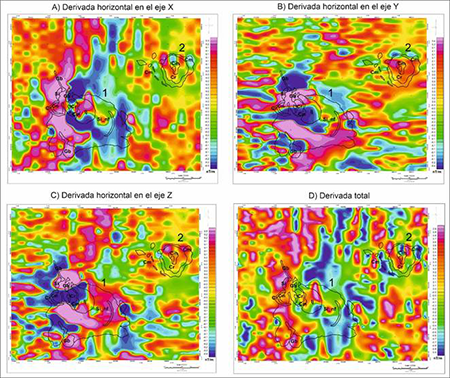 Derivada horizontal según los ejes X (A), Y (B), Z (C) y derivada total del campo magnético total (D), donde se observan direcciones predominantes N-S y E-W de las anomalías.