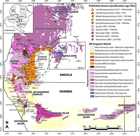 Geological map showing the Precambrian geotectonic domains of the Angolan Shield of NW Namibia and SW Angola and published U-Pb zircon crystallization ages (modified from Ferreira et al., 2024). Inherited zircon U-Pb ages are indicated in parentheses. The dashed line of the Kunene Complex corresponds to the limits of the complex as interpreted from gravimetric (Rey-Moral et al., 2022) and magnetic (Rodrigues et al., 2021) geophysical data. The inset shows the position of the Congo craton relative to other African and South American cratons in a reconstruction of West Gondwana prior to Mesozoic Pangea breakup. The location of the study area is indicated by the black polygon.