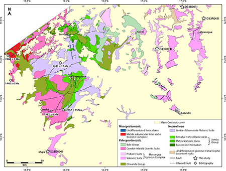 Geological map of the study area modified from the geological map of Angola at 1:1.000.000 scale of the Geological Institute of Angola (Merino-Martínez et al., 2021). Reported U-Pb crystallization ages are from Merino-Martínez et al., under review.