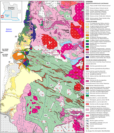 Mapa geológico esquemático de las Hojas a E. 1:250 000 Sul D-33/S de Namibe y mitad sur Sul D-33/M de Muninho (Escuder-Viruete et al., 2021a; Gutiérrez-Medina, 2021). Las líneas negras finas indican fallas. FC; Façenda Curoca, FM; Façenda Maungo, M; Mucuio, N; Namibe, V; Virei, Q; Quitungua, RC; valle río Cubai; RG; valle río Giraul; RH; valle río Hiquia, SC; Sierra de Chicallungo.