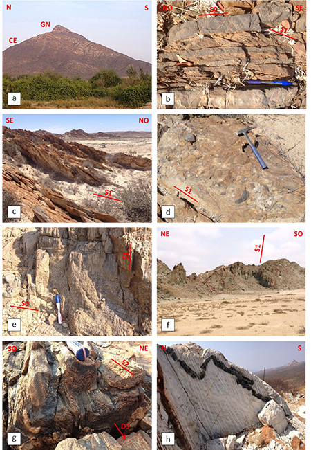 (a) Flanco sur del antiforme de Tchicolangita en el que los gneises inferiores del Complejo de Epupa (CE) pasan estructuralmente hacia arriba a las anfibolitas y mármoles de la base del Grupo Namibe (GN). Pico de Cuanhangué. Carretera Caraculo-Virey. (b) Alternancia a la escala centimétrica de esquistos y metagrauvacas (S0) típica del Grupo Namibe. Nótese el escaso desarrollo de la foliación S1 primaria en las capas metareniscosas. Sector de Hiquia al SO de Virey. (c) Conglomerados polimícticos de la base del Grupo Namibe con desarrollo de la foliación S1. Quitungua sector (d) Clastos redondeados de los conglomerados basales del Grupo Namibe rodeados por la foliación S1. (e) Capa de metagrauvacas con base de microconglomerado ricos en clastos de cuarzo. Nótese el buzamiento subvertical de los planos S1. Grupo Namibe. Carretera Virey-Cainde. (f) Alternancia típica de capas de metagrauvacas marrones con filitas y cuarzo-esquistos verdes del Grupo Namibe. Nótese el alto ángulo de buzamiento de la S1. Rambla del río Giraul en Chinda. (g) Anfibolitas con un bandeado composicional (S2) afectado por pliegues D3 vergentes al NE de ejes con un bajo ángulo de inmersión al SE. Carretera de Caraculo a Virey. (h) Marmoles blancos calcíticos puros intruidos por un dique máfico anfibolitizado. Vertiente sur de Cuanhangué, en la carretera de Caraculo a Virey. Anchura del campo = 4 m.