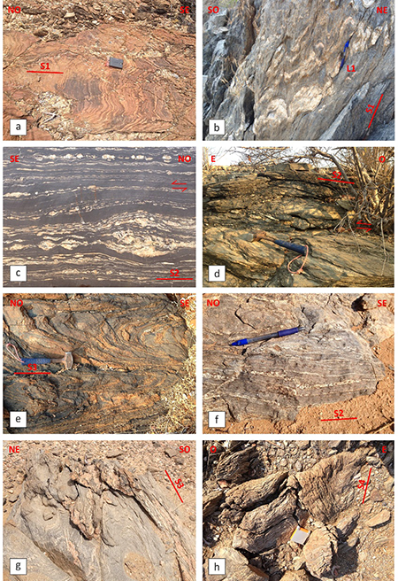 (a) Zona de charnela de pliegue D1 desarrollado en pizarras y filitas del Grupo Namibe. Nótese cómo la disposición subvertical de la estratificación S0 y la esquistosidad de plano axial S1 está relacionada con pliegues de ejes subverticales. Sector de Muatampembe, cerca cima Bero Giraúl. (b) Venas de cuarzo de segregación metamórfica sin-D1, rotadas y estiradas paralelamente a la S1 durante el cizallamiento subvertical senestro de D1. Nótese la disposición subvertical de L1. Grupo Namibe. Sector de Muatampembe, cerca vértice Bero Giraúl. (c) Venas aplíticas sin-D2, rotadas y estiradas paralelamente a la S2 durante el cizallamiento subhorizontal de D2 dirigido al SE. Grupo Namibe. Cantera en sector de Tamacuala. Carretera Namibe-Virey. Anchura del campo = 3 m. (d) Estructuras S-C mesoscópicas de D2 que ondulan a una S2 subhorizontal desarrollada en esquistos del Grupo Namibe. Arroyo Camungua. Carretera Caraculo-Virey. (e) Pliegues D3 que deforman a la S2 en anfibolitas del Grupo Namibe. Nótese la deformación en los flancos con formación de una S3. Arroyo Catuite, carretera Caraculo a Virey. (f) Venas de leucosoma granítico con granate sin-D2. Obsérvese el paralelismo de las venas con la foliación S2 del paragneis. Complejo de Epupa. Antiforma de Capolopopo. (g) Pliegues apretados y asimétricos D3 con vergencia al NE que doblan a una foliación S2 en paragneises migmatíticos del Complejo de Epupa. Nótese el plegamiento de leucosomas sin-S2 y desarrollo local de S3 de plano axial. Carretera Curoca a Iona. Anchura del campo = 1,5 m. (h) Pliegues angulosos formadas durante D4 en las pizarras y filitas del Grupo Namibe. Sector de Chitangala, al N de Virey.