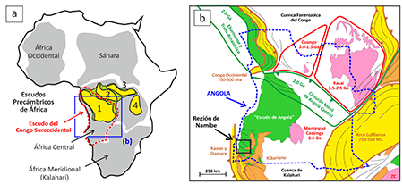 (a) Mapa simplificado de los Escudos Precámbricos de África (Lindeque et al., 2011), mostrando los cratones (en amarillo) que conforman el Escudo de África Central (en verde): (1) Cratón del Congo Suroccidental; (2) Cratón del Congo Central o Cuvette; (3) Cratón del Congo Nororiental o Mboumou-Uganda; y (4) Cratón de Tanzania. La línea roja discontinua indica el límite del Escudo del Congo Suroccidental, que engloba los cratones arcaicos de Ntem, Cuango y Kasai. También se muestra el Cratón de Zimbabwe (ZC). (b) Representación esquemática del basamento Precámbrico en el territorio de Angola y regionaes adyacentes (mod. de Wit & Linol, 2015). Este mapa ilustra los bloques cratónicos Arcaicos (en rosa), los cinturones orogénicos Eburnienses (en verde) y Kibarianos (en naranja), así como los frentes orogénicos de los Cinturones de pliegues y cabalgamientos Panafricanos (en amarillo). El basamento está mayormente recubierto por la Cuenca Fanerozoica del Congo y Kalahari. La línea azul discontinua define los límites administrativos de Angola, mientras que la línea negra señala la situación de la región de Namibe.