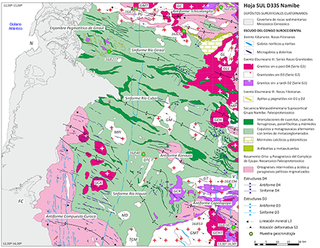 Mapa geológico esquemático de la región de Namibe (mod. Escuder-Viruete et al., 2021a), que muestra las principales macroestructuras y la distribución de las series de granitoides Eburneanos. PG; Dioritas y Monzogranitos de Piedra Grande, GL; Granodioritas y Monzogranitos de Laué, MP; Monzogranitos de Picona, GM; Granodioritas y Monzogranitos de Macala, MPI; Monzogranitos del Pico, DTC; Dioritas y Tonalitas de Chamacuala, GT; Granodioritas y Monzogranitos de Tulandjo, GMT; Granodioritas y Monzogranitos de Teteombe, TGM; Tonalitas y Granodioritas de Mupavia, MD; Monzogranitos de Dalundo, GMT; Granitos de Monte Tubirute, GC; Granitos de Caraculo, GPG; Granitos de Linda Linda, GCH; Granitos de Chintangala, GCA, Granitos de Caraué, GCHT; Granitos de Chitundulu, GD; GCM; Granitos de Camahaha. Poblaciones: FC; Façenda Curoca, N; Namibe, V; Virei.
