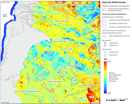 Mapa de concentración de K en la región de Namibe obtenido mediante radiometría aerotransportada (mod. Rey Moral et al., 2021), mostrando superpuestas las principales macroestructuras de D3 y D4, así como los contactos de los macizos de granitoides Eburneanos. Las abreviaciones son las mismas que en la Figura 3. Ver explicación en el texto.
