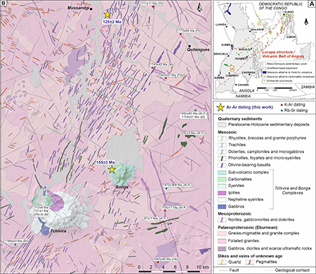 A) Distribution of alkaline-carbonatitic complexes (green), kimberlitic fields (yellow) and alkaline to tholeiitic volcanic materials (dark blue) in Angola, according to Jelsma et al. (2013) and Robles Cruz (2013). It is also shown the trace of Mesozoic faults systems related to the Lucapa structure (Lapido-Loureiro, 1968, 1973) or Volcanic Belt of Angola (Machado, 1959). The location of the studied area is highlighted in the orange square. B) Geological map of the studied region (modified from Galán, 2021, and Merino-Martínez, 2022), showing the location of the Tchivira and Bonga alkaline-carbonatitic complexes. Sample location and Ar-Ar dating results from this work are shown in yellow stars. Other Rb-Sr and K-Ar geochronological data from the literature are shown in green and red circles, respectively.