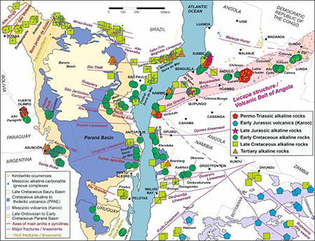 Distribution of alkaline, carbonatitic and kimberlitic complexes and alkaline to tholeiitic magmatic provinces of southwestern Africa and of the Paraná Basin from central-southeastern Brazil, showing their relationships with major structures and crustal lineaments (modified from Comin-Chiaramonti et al., 2005; Riccomini et al., 2005; Bambi et al., 2015; Corner & Durrheim, 2018, and references cited in these works).