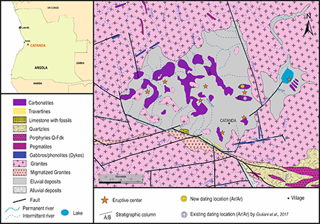 Geographic location and geological map of the Catanda area. It is also indicated the location of the stratigraphic sections A and B performed during the PLANAGEO project.