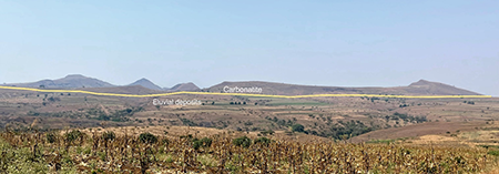 Panoramic view of the Catanda Carbonatitic Complex (CCC) from the NE. The shape of the volcanic edifice is partially preserved and the carbonatite outcrops can be seen at the top of the image, whereas the eluvial deposits covering the entire area appear at the bottom of the image.