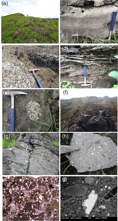 Mesoscopic and microscopic features of the Catanda volcanic rocks. a) Fine- to medium-grained pyroclastic deposits, forming a steep slope of the volcanic edifice. b) Alternation of fine- to medium-grained pyroclastites and cinerites, showing greyish to slightly yellowish light colours. c) Carbonatite pyroclastites deposited unconformably over the Palaeoproterozoic granitic basement. d) Cross-bedded fine- to medium-grained pyroclastites. e) Detail of a fragment of a porphyritic granite included in the pyroclastite deposits. f) Competent levels of carbonatite lavas, showing dark colours and high relief. g) Carbonatite lava flow corresponding to the upper half of stratigraphic column B. h) Detail of the carbonatite lava flow, showing apatite and calcite phenocrysts and mafic xenocrystic (olivine, pyroxene), with reaction halos at the edges. i) Microphotograph of the carbonatite lava flow, showing phlogopite, hornblende, clinopyroxene and olivine phenocrysts in a matrix composed of carbonates, opaque minerals and zeolites. j) Scanning electron microscope (SEM) microphotograph of a pyroclastic flow, showing abundant phenocrysts within a fine-grained matrix. Reaction halos in grain edges are observed in the phenocrysts.