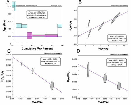 A) Whole-rock Ar/Ar plateau age obtained for the Catanda carbonatite lava flow (sample UTEMC33U015I) (203 ± 19 Ma); B) Whole-rock, normal isochron of the whole data, reporting an Ar-Ar age of 170 ± 78 Ma. C) Inverse isochron of the old concordant age data, giving an Ar-Ar age of 461 ± 63 Ma. D) Inverse isochron of the youg concordant data, showing an age of 203 ± 49 Ma.