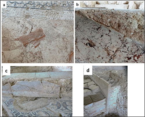 Se observan cuatro fotografías que muestran detalles de superficies arqueológicas con mosaicos y fragmentos de piedra en diferentes ángulos y condiciones.

Descripción generada con IA