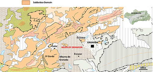 Mapa geológico de la región de Granada en Andalucía que muestra diferentes dominios geológicos con colores y patrones variados, incluyendo el dominio Subbético destacado en color durazno.

Descripción generada con IA