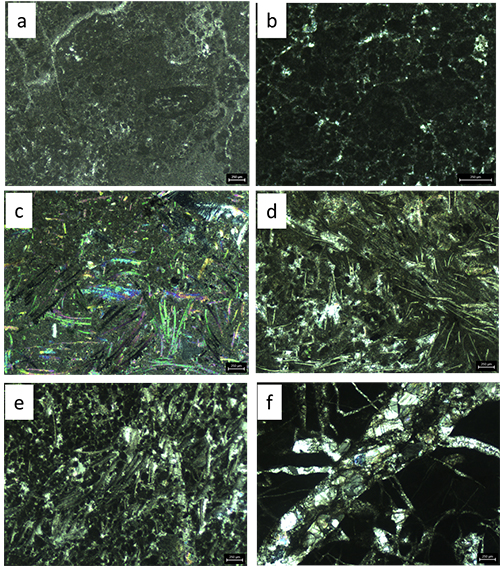 Se observan seis micrografías etiquetadas de la a a la f que muestran diferentes texturas y estructuras cristalinas bajo un microscopio con variaciones en brillo y color.

Descripción generada con IA