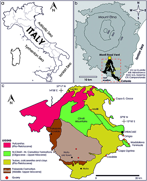 Mapa dividido en tres secciones que muestra la ubicación de Italia, un mapa detallado del Monte Etna con sus cráteres y un mapa geológico de la península de Sicilia con diferentes formaciones volcánicas y sedimentarias señaladas por colores.

Descripción generada con IA