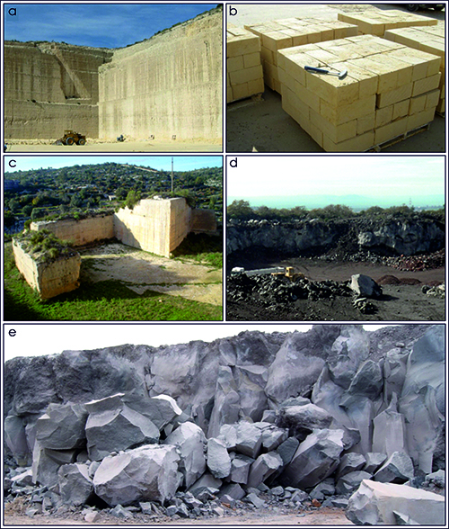 Canteras y bloques de piedra en diferentes etapas de extracción y apilamiento en un entorno al aire libre.

Descripción generada con IA