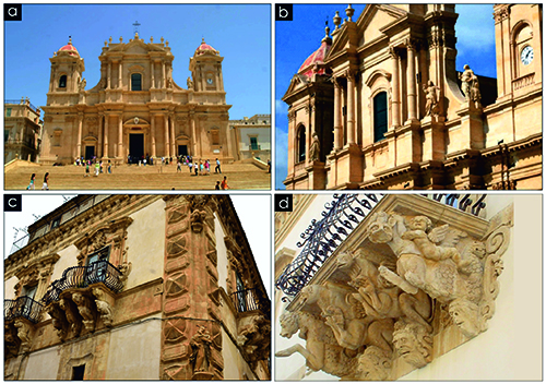 Fachada y detalles arquitectónicos barrocos de un edificio histórico con esculturas y balcones decorativos bajo un cielo despejado.

Descripción generada con IA