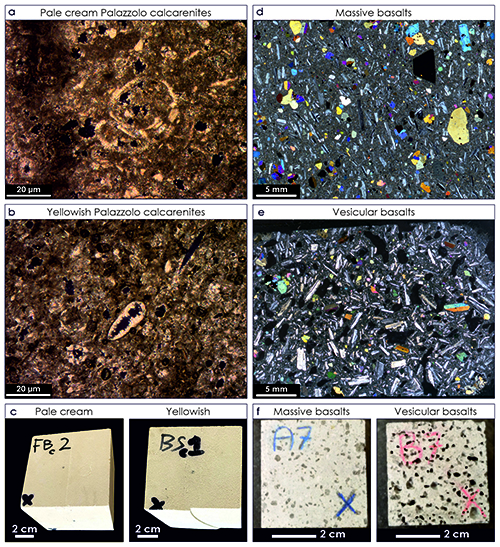 Microfotografías y muestras de calcarénitas y basaltos con diferentes colores y texturas observadas a distintas escalas.

Descripción generada con IA