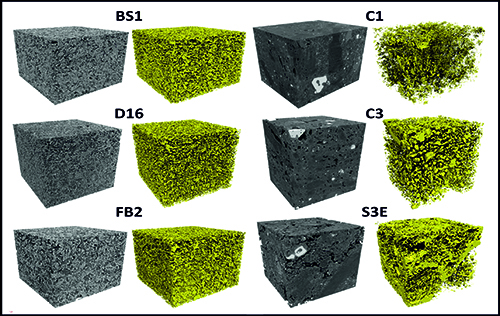 Se muestran pares de cubos con texturas grises y amarillas etiquetados con códigos alfanuméricos que parecen representar diferentes materiales o muestras.

Descripción generada con IA