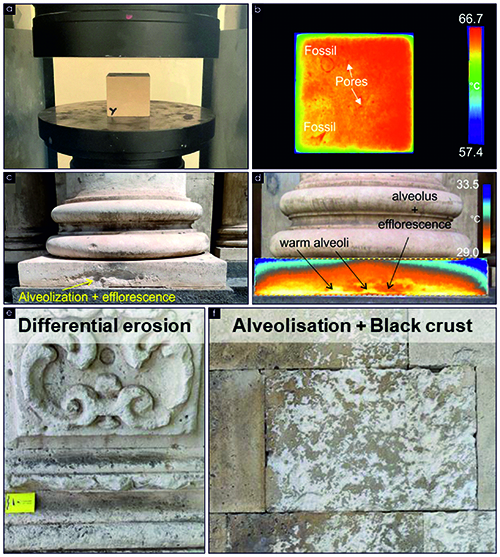 Se muestran diferentes imágenes que ilustran un experimento de compresión en una muestra de piedra, un mapa térmico con indicación de fósiles y poros, y ejemplos de alveolización, eflorescencia, erosión diferencial y costra negra en superficies de piedra arquitectónica.

Descripción generada con IA
