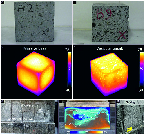 Dos muestras de basalto con etiquetas visibles junto a imágenes térmicas que muestran diferencias en temperatura y textura, y fotografías de una pared de roca con eflorescencia y desprendimiento de fragmentos.

Descripción generada con IA