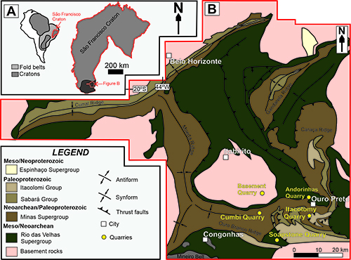 Mapa geológico detallado que muestra diferentes supergrupos, grupos y fallas en la región del Cratón de São Francisco en Brasil, con ubicaciones de canteras y ciudades destacadas.

Descripción generada con IA