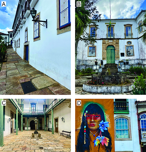 Cuatro imágenes muestran arquitectura colonial con calles empedradas, fachadas blancas con ventanas y puertas antiguas, un patio interior con columnas y una persona con cabello largo y accesorios coloridos frente a una pared amarilla.

Descripción generada con IA