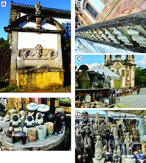 Varias imágenes muestran esculturas y artesanías tradicionales en piedra y cerámica en un entorno urbano con arquitectura colonial y personas caminando cerca.

Descripción generada con IA