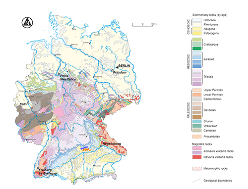 Mapa geológico de Alemania que muestra la distribución de rocas sedimentarias, magmáticas y metamórficas por edades geológicas con una leyenda de colores y nombres de ciudades principales.

Descripción generada con IA