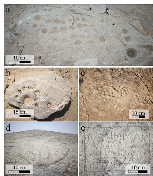 Varias imágenes muestran huellas fosilizadas y grabados antiguos en piedra con escalas de medición para referencia del tamaño.

Descripción generada con IA