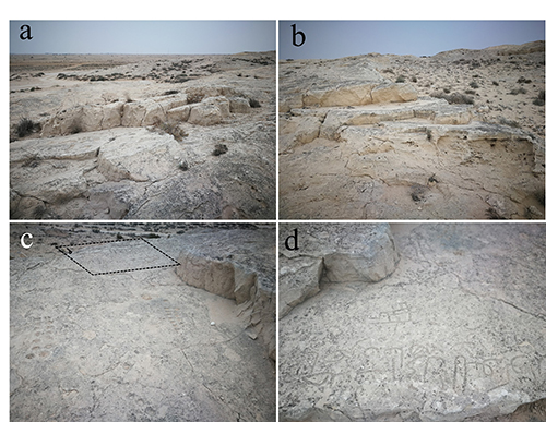 Restos arqueológicos en un terreno árido con inscripciones y grabados visibles en las piedras.

Descripción generada con IA