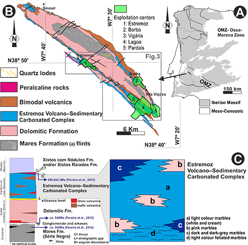 Mapa geológico detallado que muestra la zona minera de Estremoz en Portugal con diferentes formaciones rocosas y volcánicas, incluyendo una leyenda de tipos de rocas y una sección estratigráfica explicativa.

Descripción generada con IA